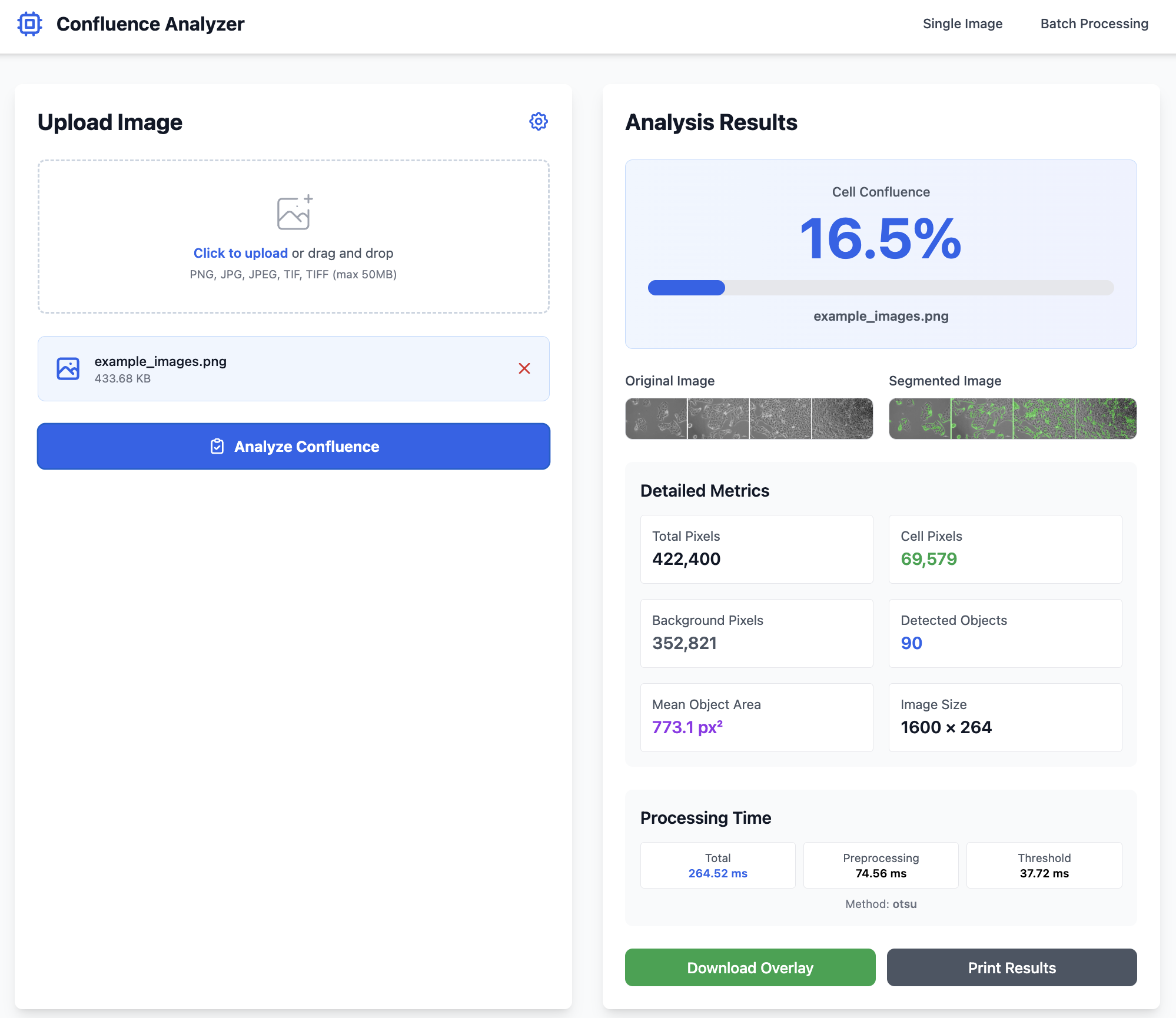 Analysis results with metrics
